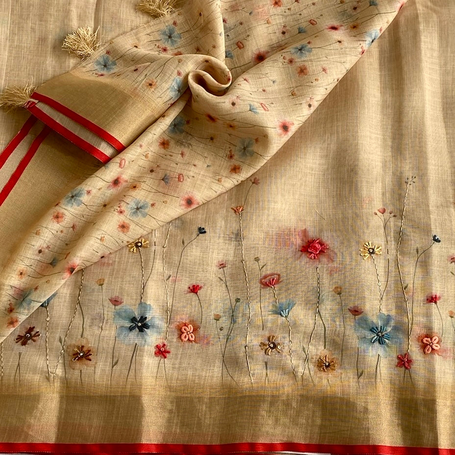 Golden Beige Soft Linen Saree With Scarlet Red Border