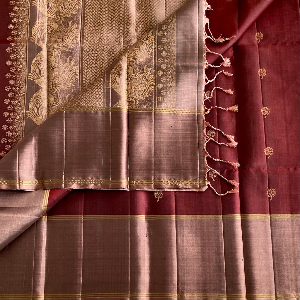 Burgundy Maroon Designer Pure Silk Saree With Metallic Biscuit Brown Pallu
