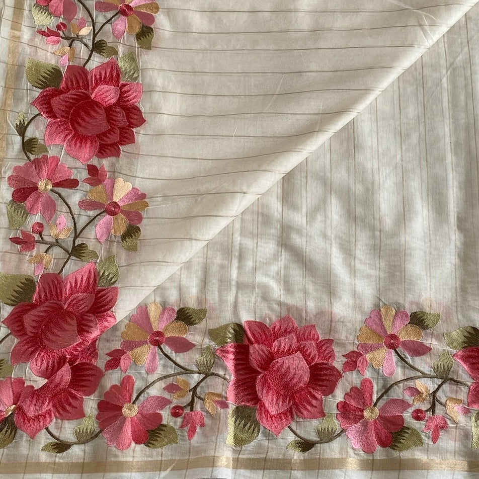 Soft Tussar Silk Pearl White Saree With Rose Pink Floral Border