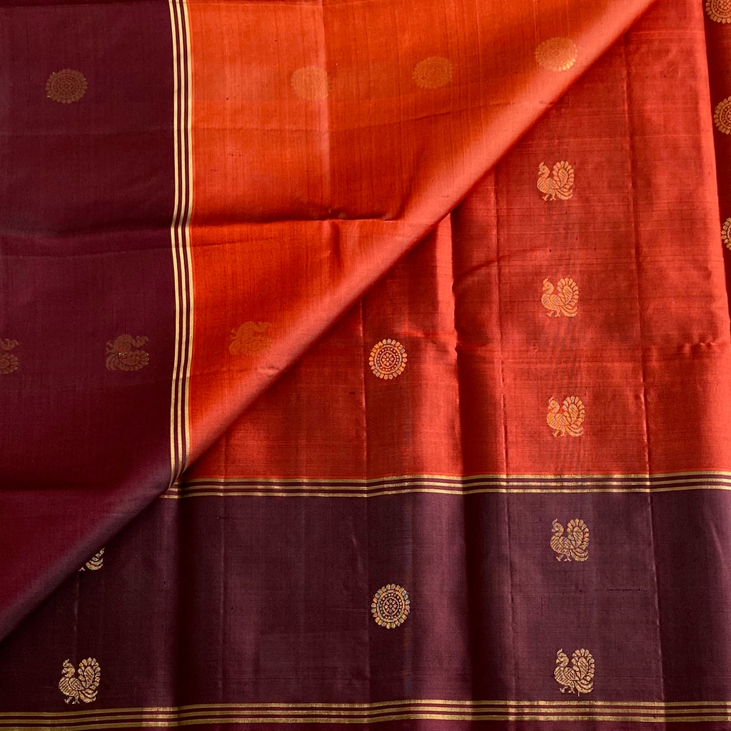 Classic Rust Red with Wine Brown Designer Pure Silk with Intricate Pallu