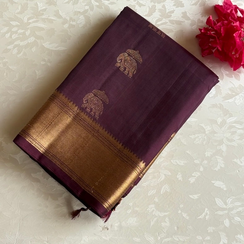 Deep Plum Designer Pure Silk Saree With Antique Gold Elephant Pallu