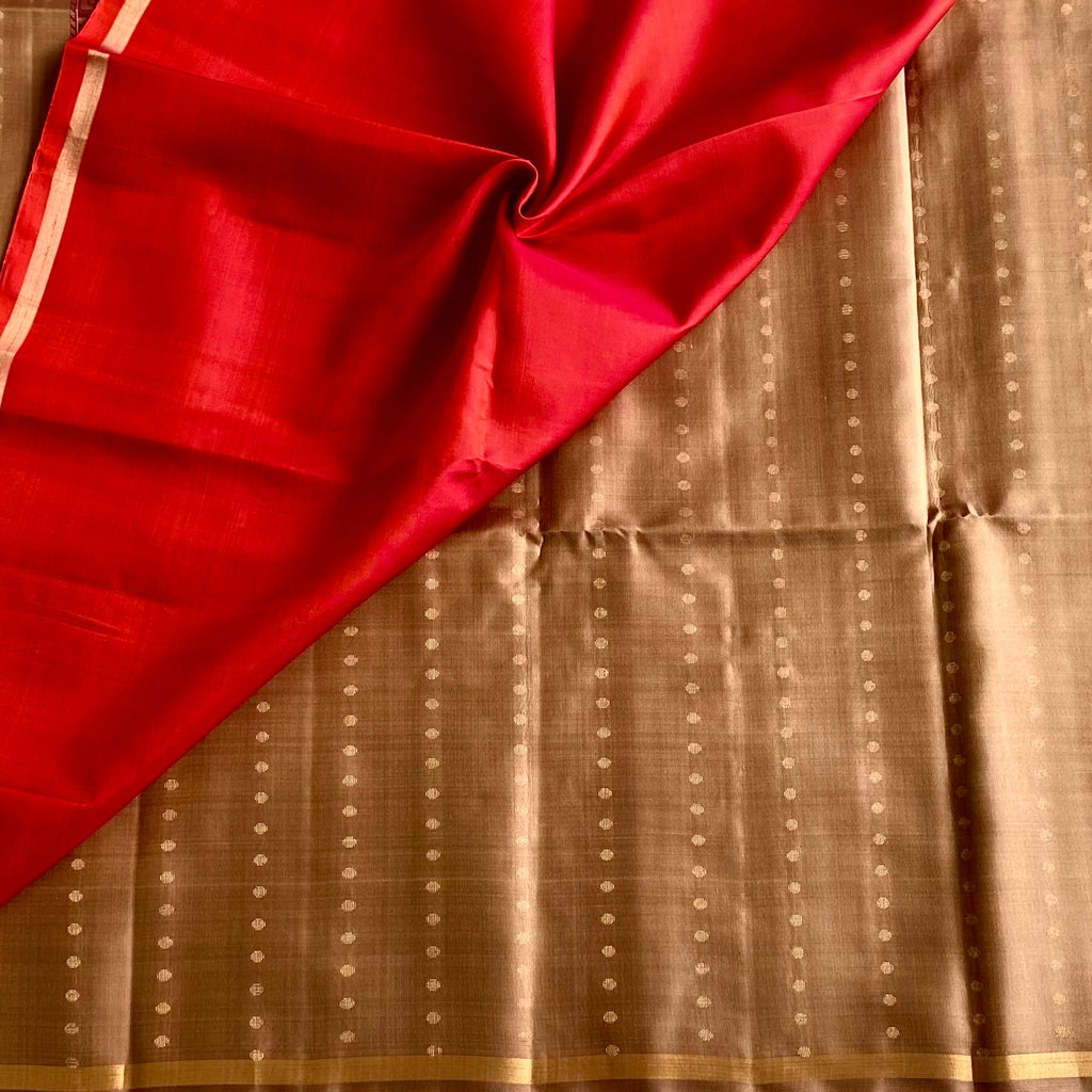 Bronze Brown Designer Pure Silk Saree With Vivid Red Pallu