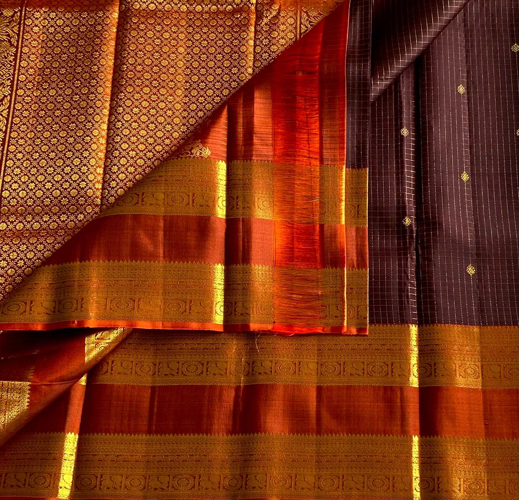 Rust Red Gold Brocade Silk Saree with Aubergine Contrast Pallu