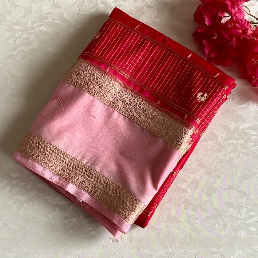 Crimson Red And Blush Pink Soft Crepe Silk With Gold Pallu
