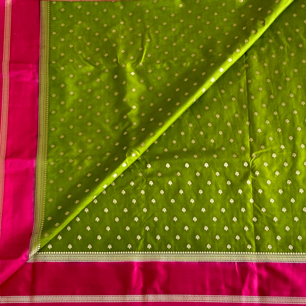 Apple Green Fuchsia Zari Buti Silk Saree Traditional Festive Elegant