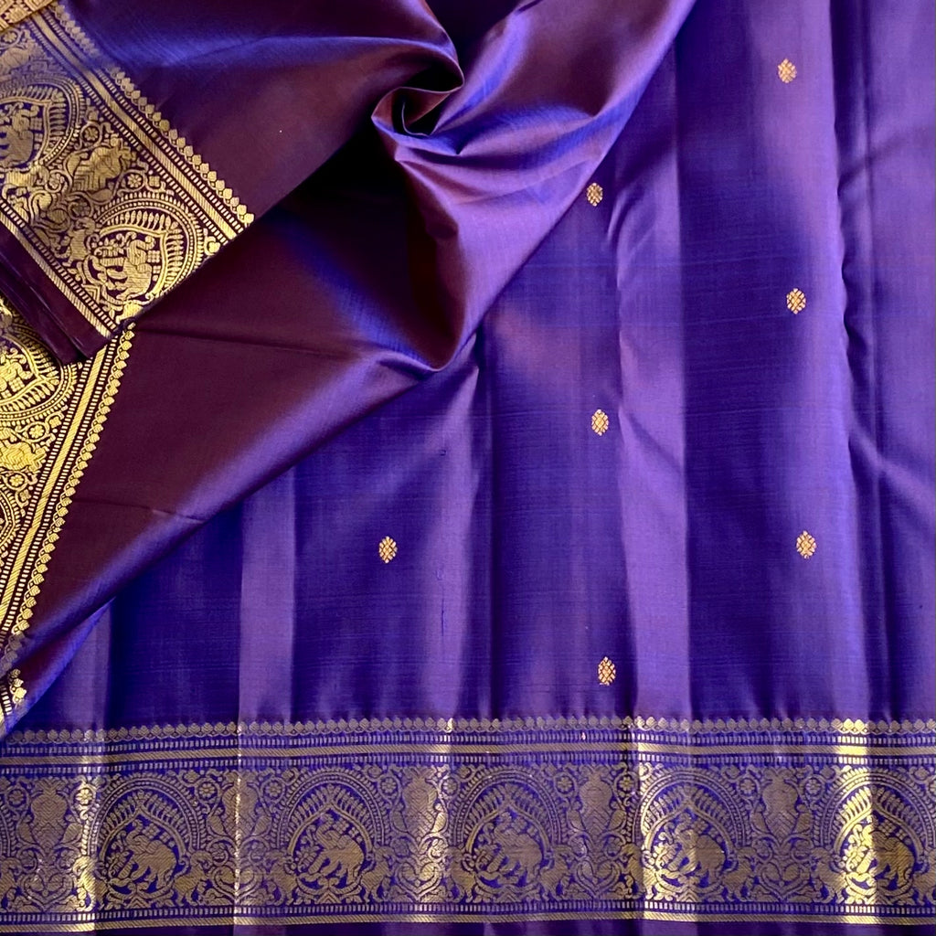 Kanjeevaram Pure Zari Silk Tacao Purple Saree With Zari Gold Border