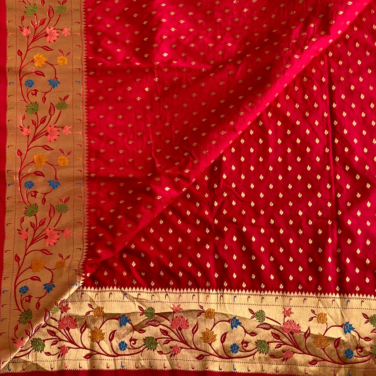 Cherry Red Soft crepe Silk Saree With Antique Gold Floral Pallu