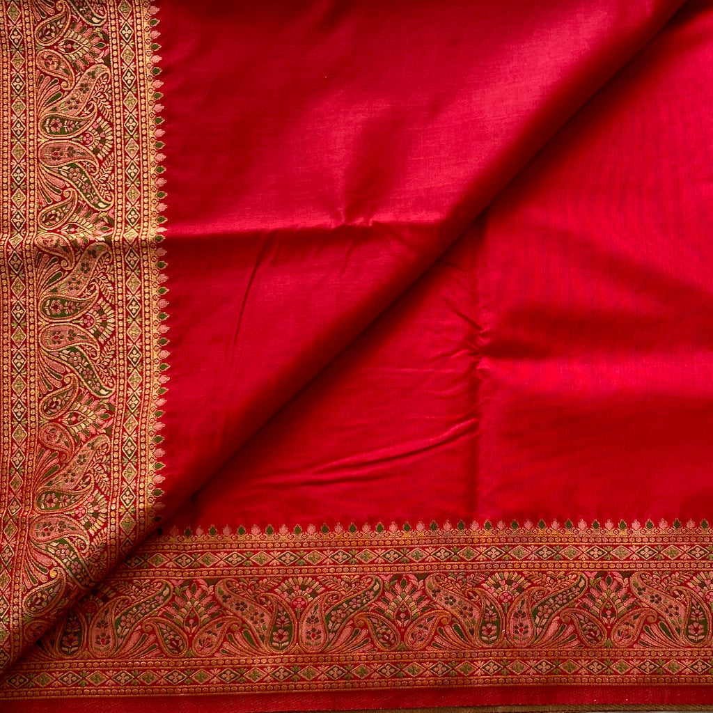 Cherry red Soft Jute Tussar with Meenakari woven borders n Pallu