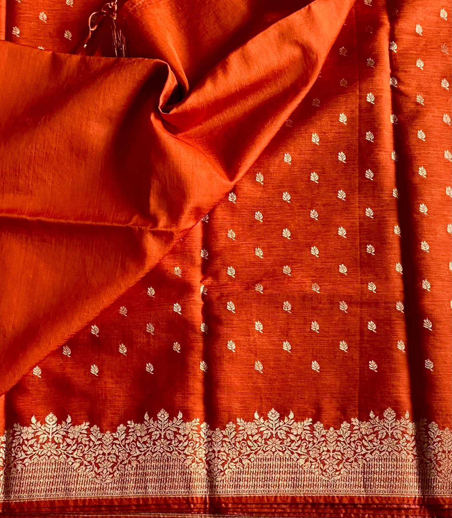 Burnt Orange designer soft tussar with antique gold zari weave