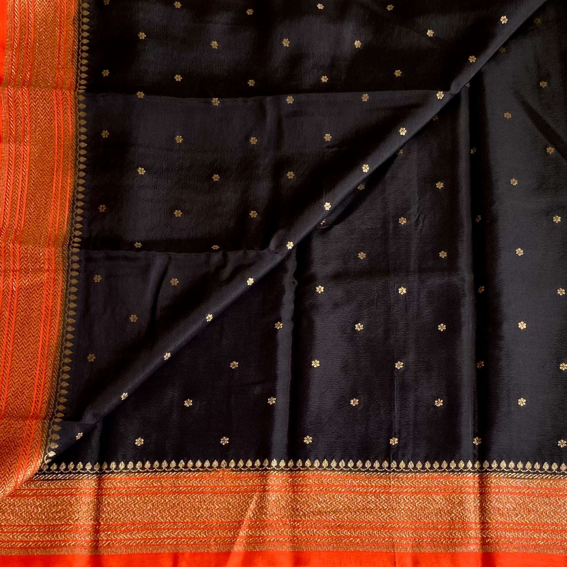 Jet Black Banarasi Crepe Silk Saree With Burnt Orange Pallu