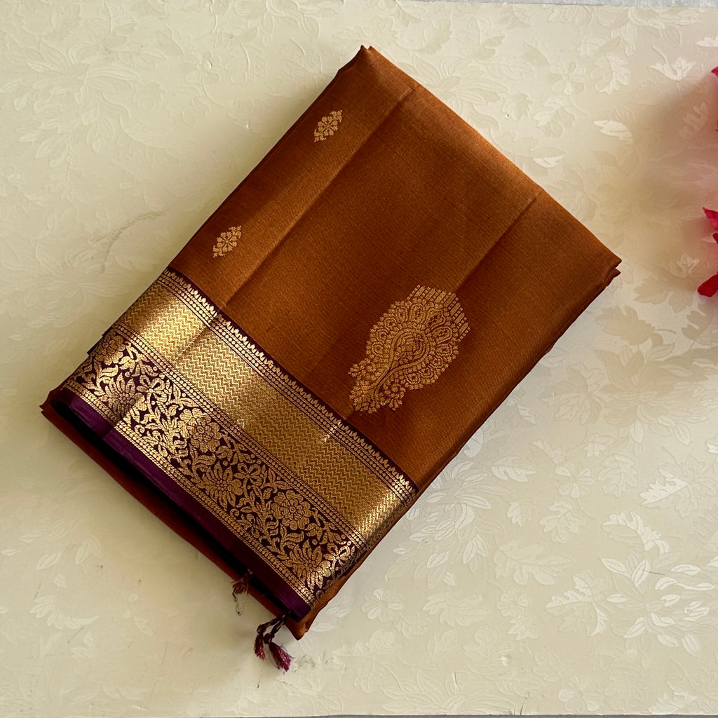 Burnt Orange Silk Saree Plum Purple Pallu Metallic Gold Zari