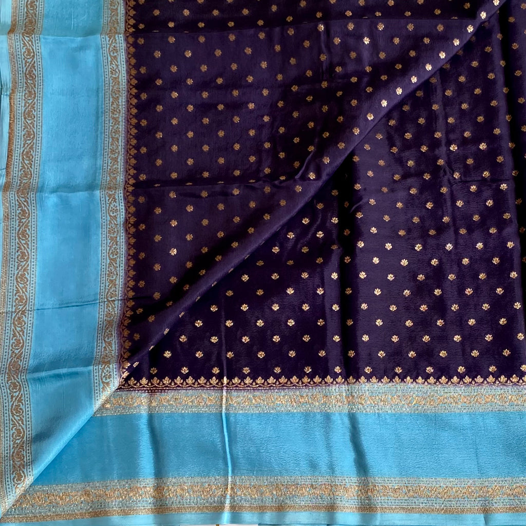 Midnight Navy And Turquoise Blue Banarasi Crepe Silk Saree With Zari Brocade