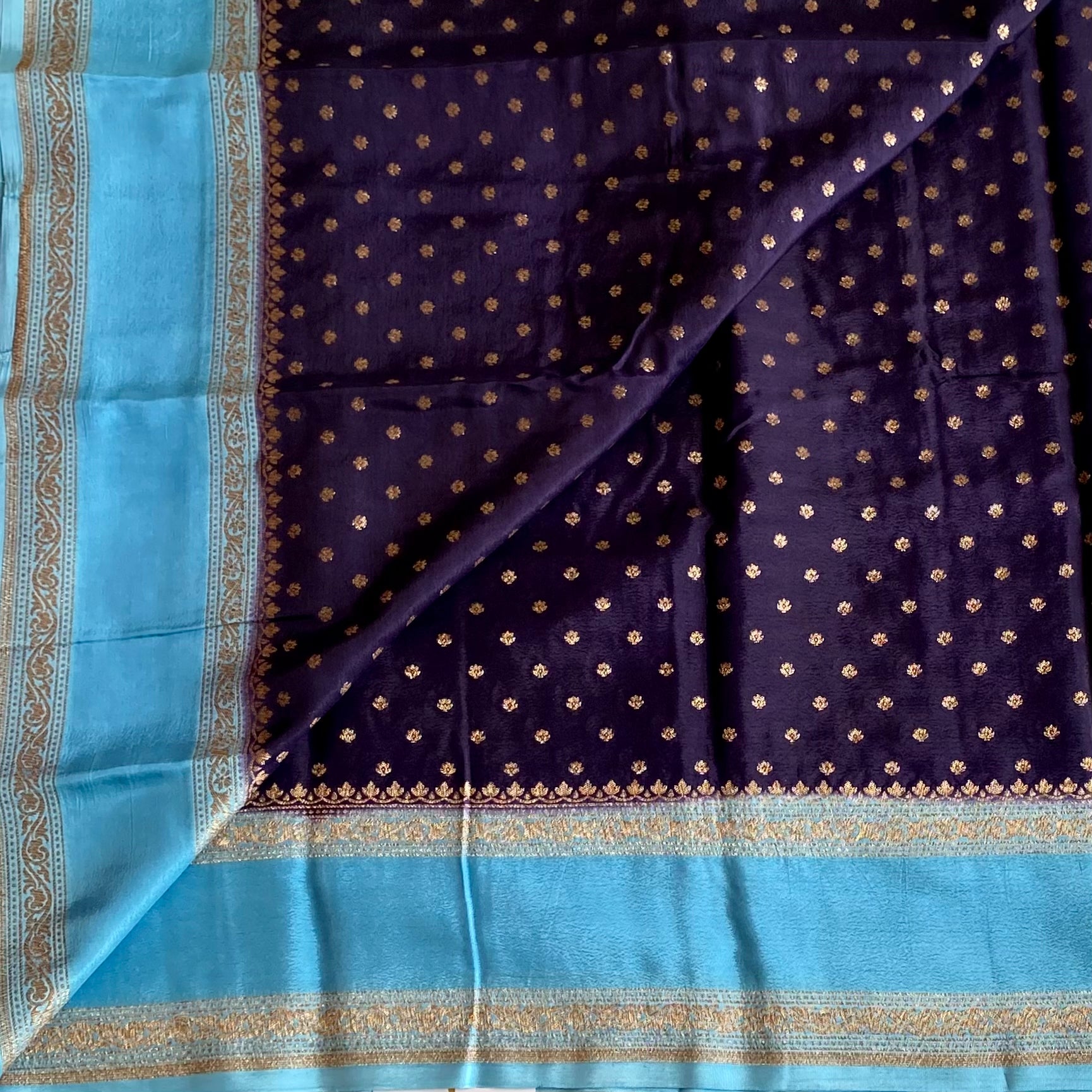 Midnight Navy And Turquoise Blue Banarasi Crepe Silk Saree With Zari Brocade