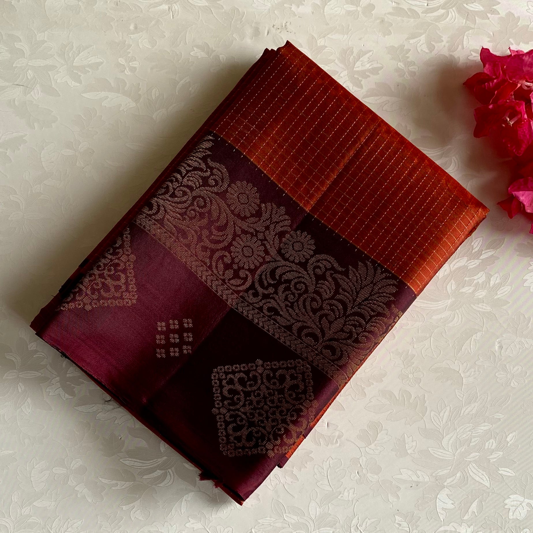 Burgundy Designer Pure Silk Saree With Burnt Orange Pallu And Gold Zari