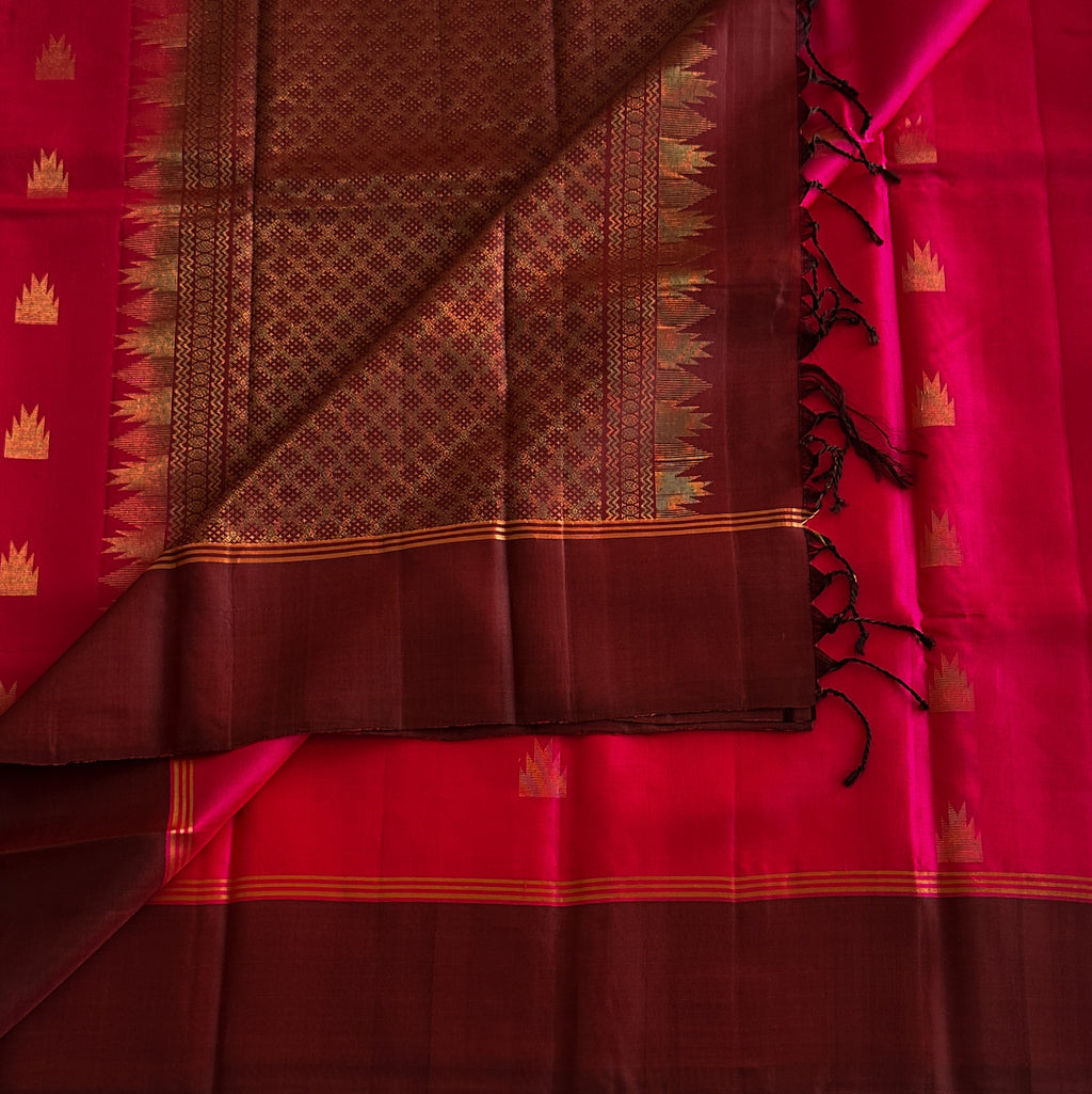 Magenta Silk Saree Burgundy Pallu Gold Temple Border Tassel