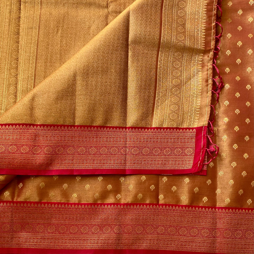 Rust Orange Silk Saree Gold Buti Magenta Brocade Border