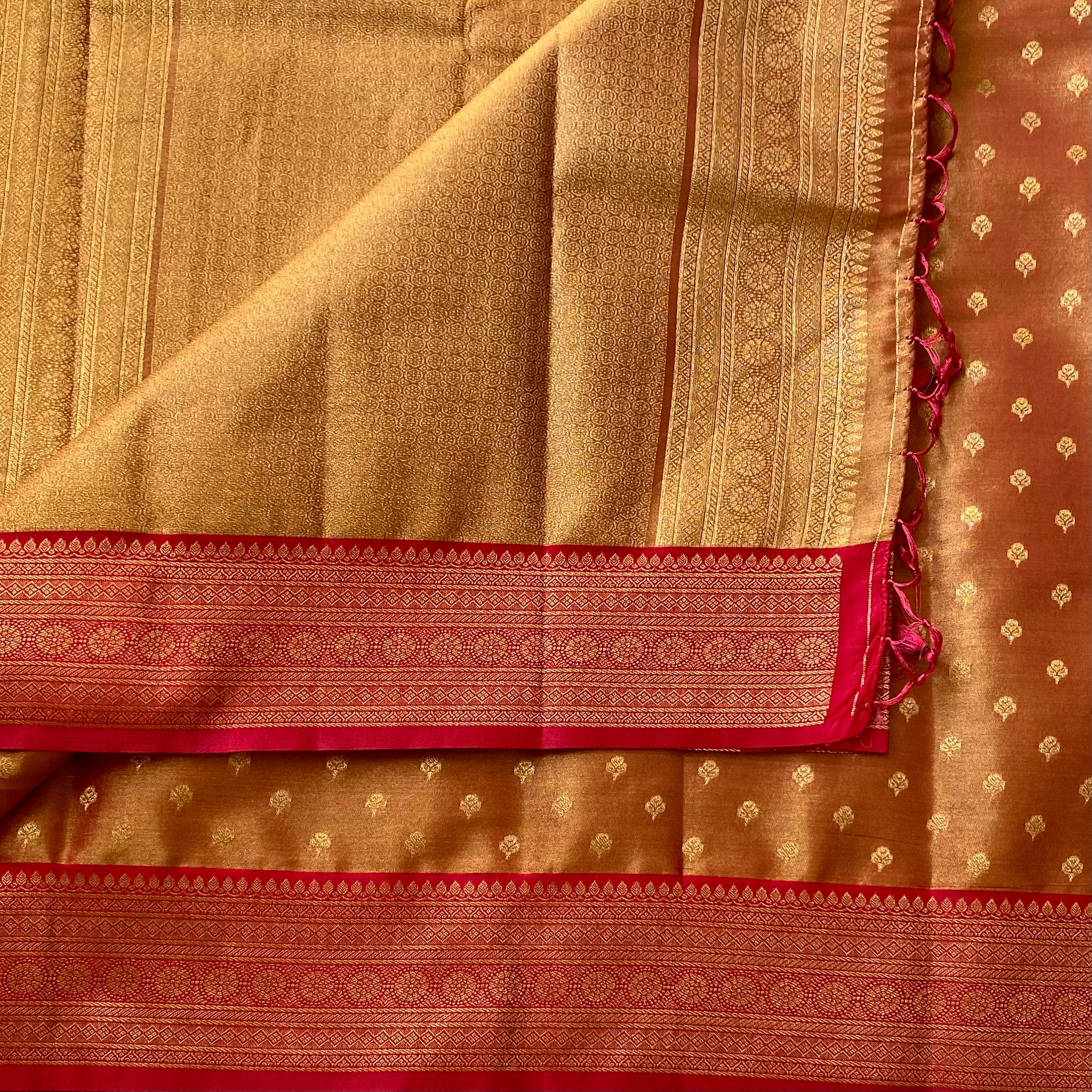 Rust Orange Silk Saree Gold Buti Magenta Brocade Border