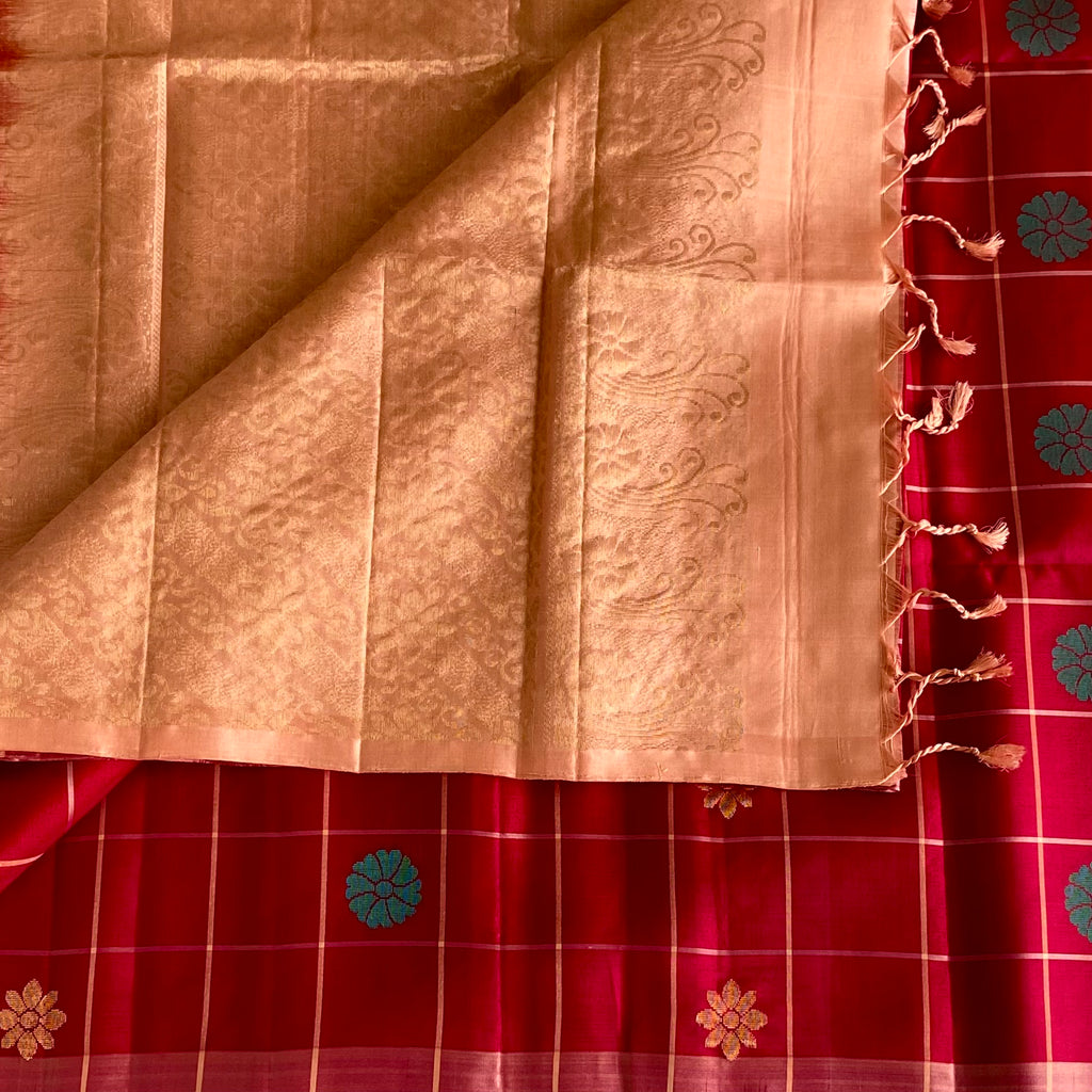 Rani Pink Designer Pure Silk Saree With Peach Pallu And Gold Zari