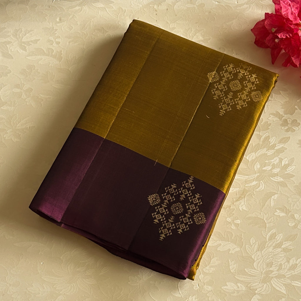 Regal Purple Gold Pallu Mustard Body Woven Saree For Weddings