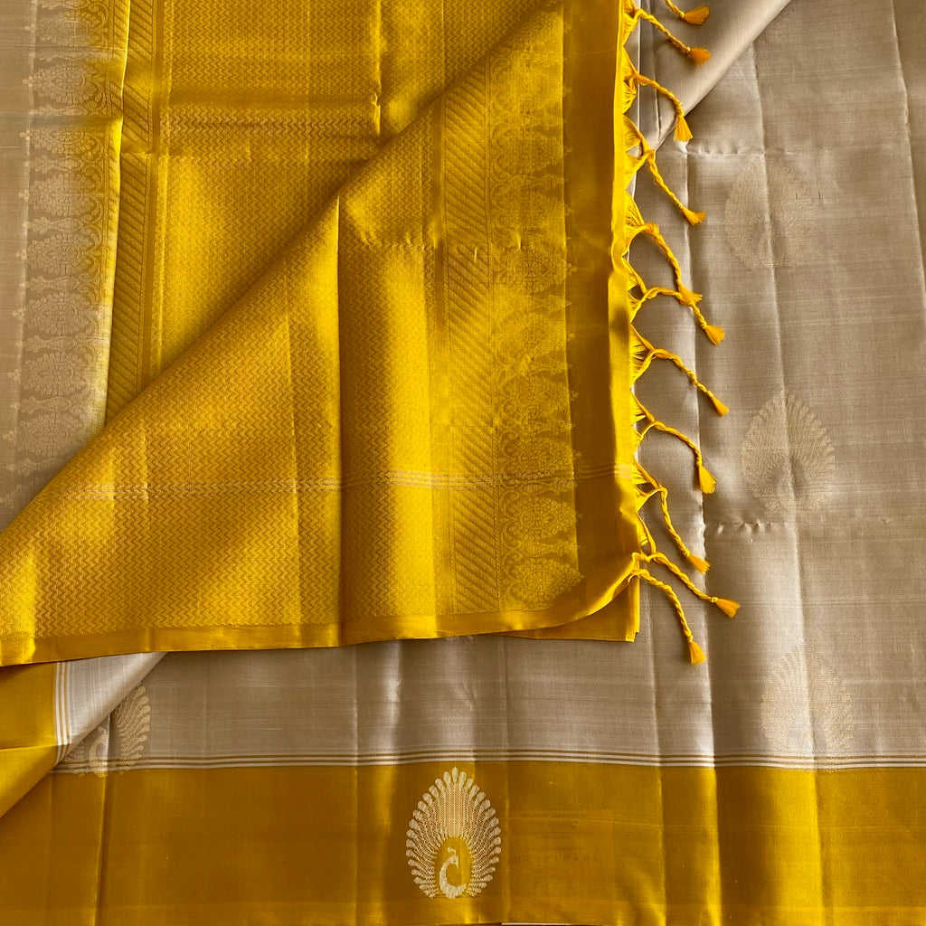 Pearl Beige Designer Pure Silk With Golden Yellow Contrast