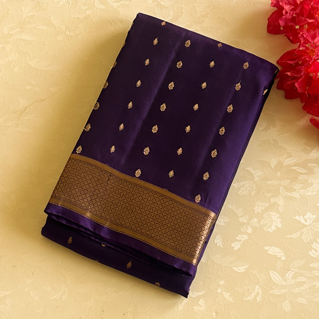 Royal Purple Silk Saree with Rose Gold Zari Buti Border