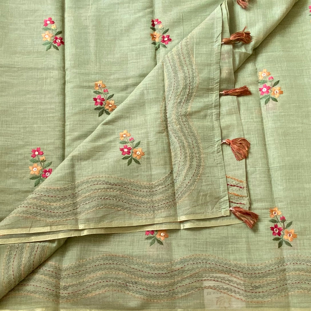 Pistachio Green Floral Embroidered Saree with Tassel Border Antique Gold