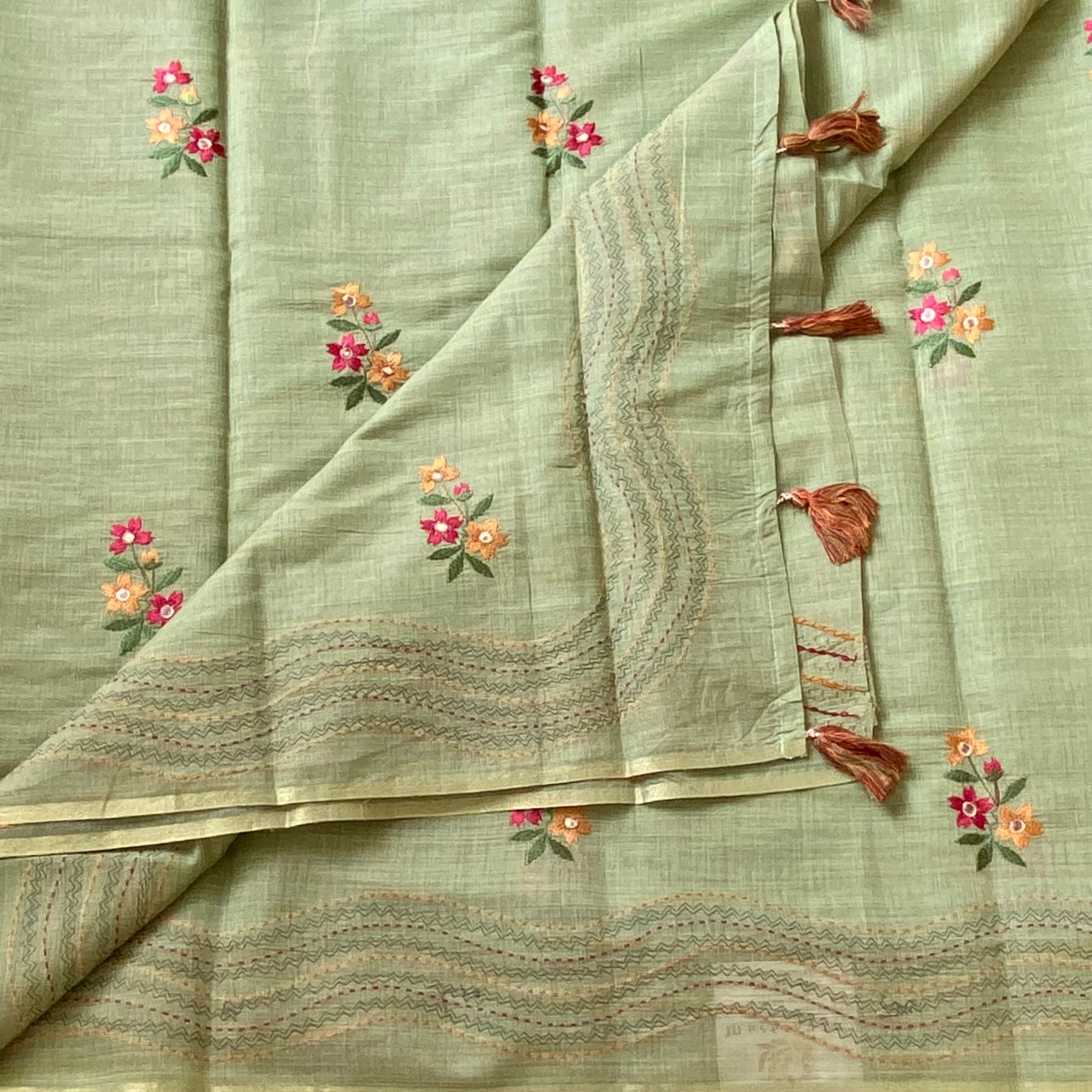 Pistachio Green Floral Embroidered Saree with Tassel Border Antique Gold
