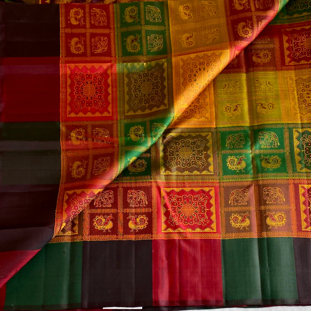 Regal Checkered Odisha Weave Kanjeevaram Pure Zari Silk Saree With Deep Maroon Pallu