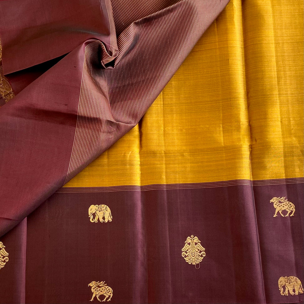Mustard Yellow Designer Pure Silk Saree With Deep Plum Brown Pallu