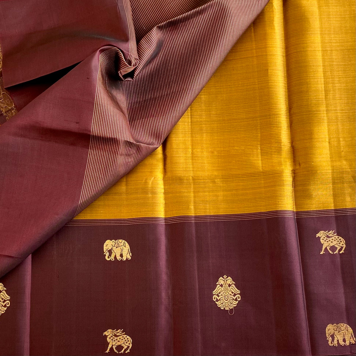 Mustard Yellow Designer Pure Silk Saree With Deep Plum Brown Pallu
