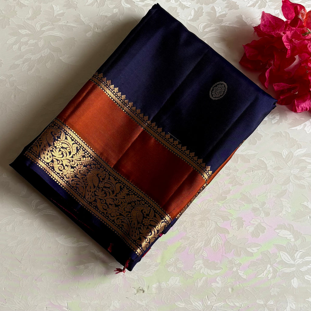 Deep Navy Blue Designer Pure Silk Saree With Magenta Pink Pallu