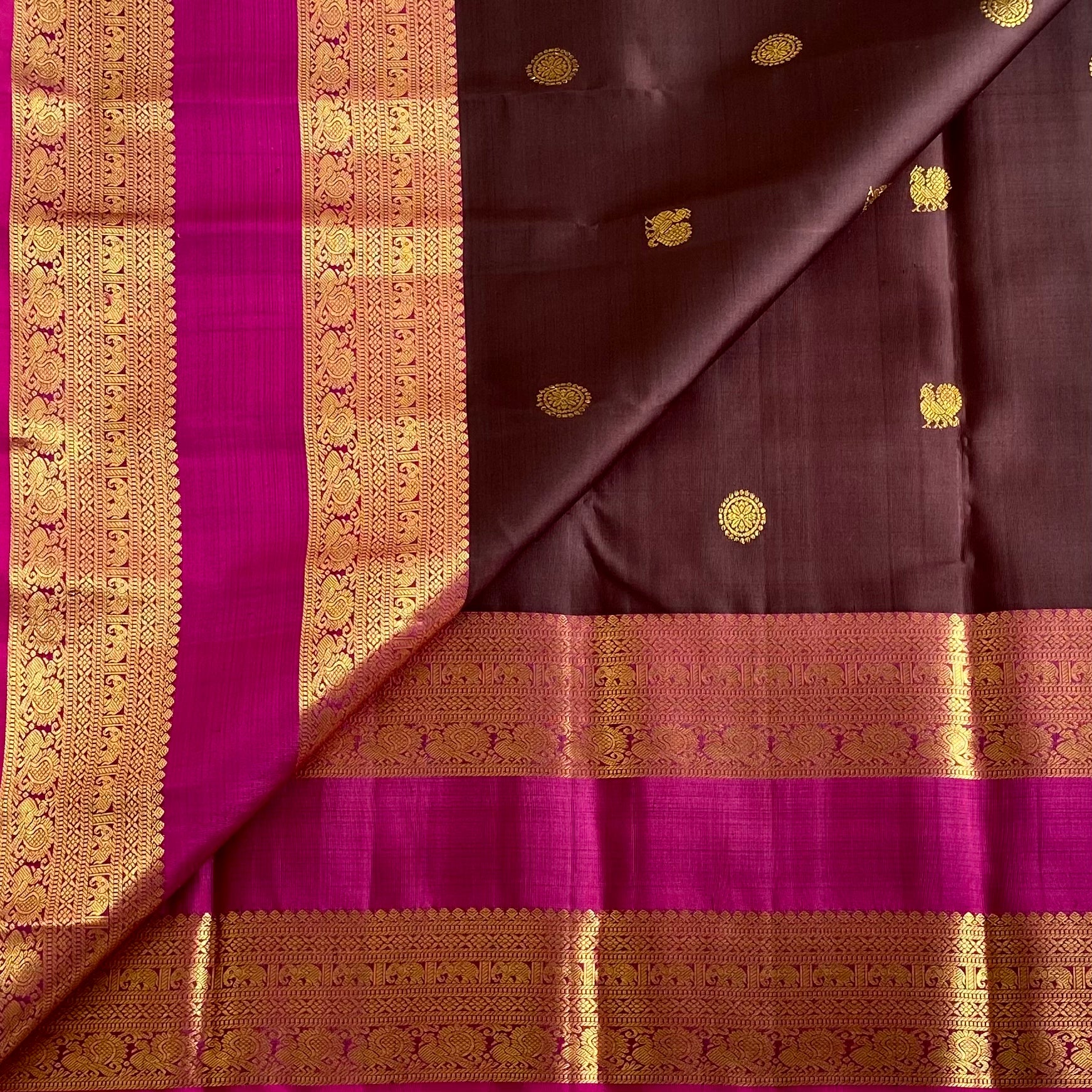 Coffee Brown Kanjeevaram Pure Zari Silk With Magenta Pink Pallu