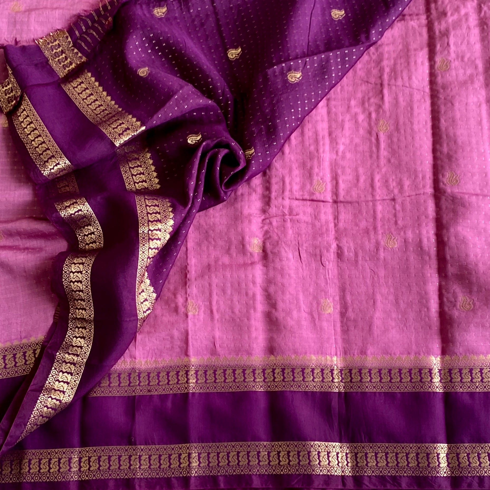 Lotus Pink Soft Tussar Silk Saree With Royal Purple Pallu