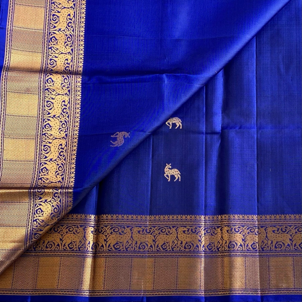 Royal Blue Designer Pure Silk Saree With Antique Gold Pallu And Elephant Motifs