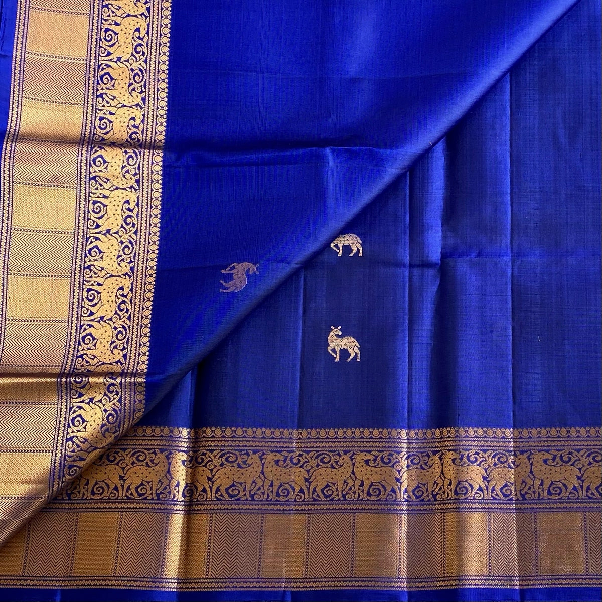 Royal Blue Designer Pure Silk Saree With Antique Gold Pallu And Elephant Motifs
