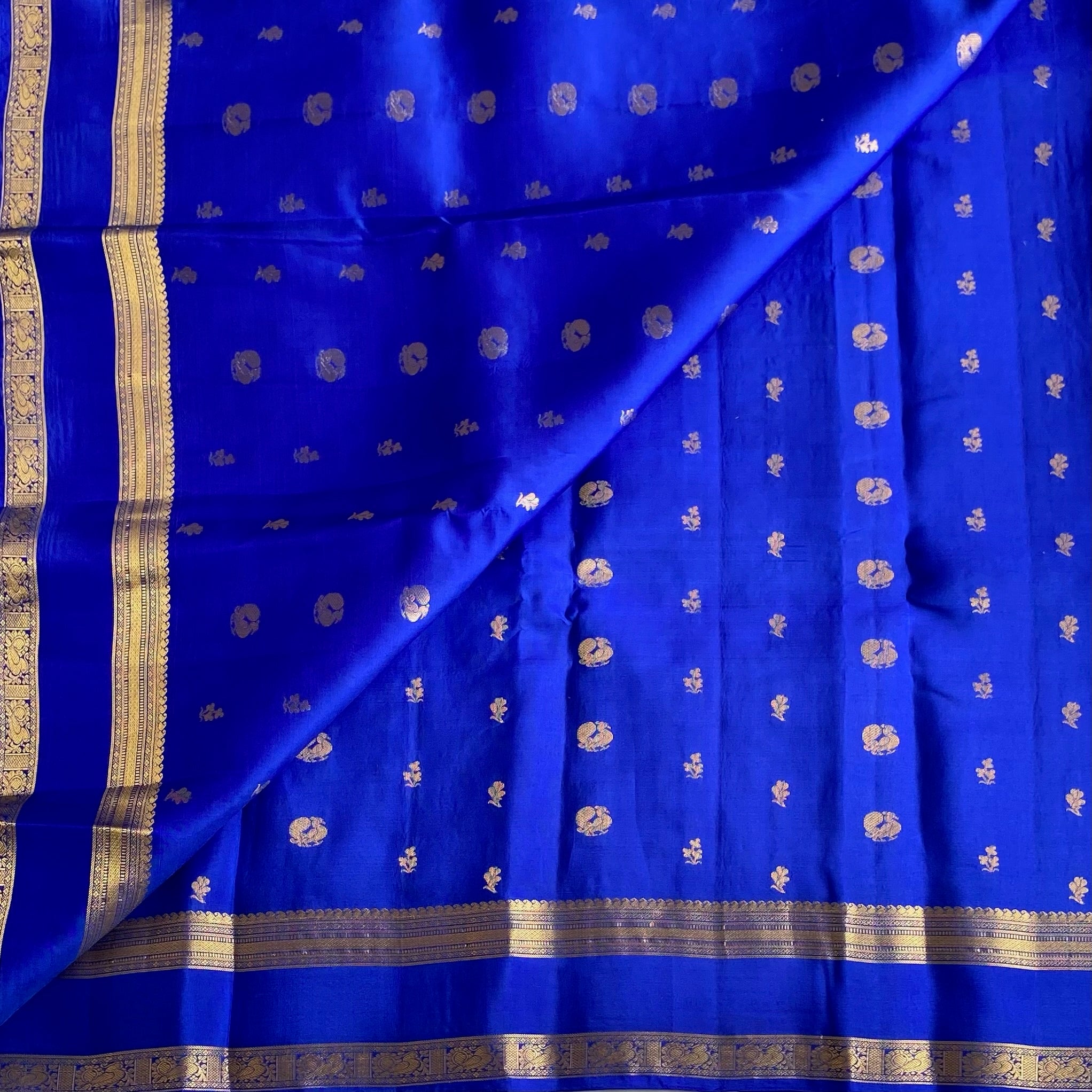Cobalt Blue Designer Pure Silk Saree With Metallic Gold Jaal