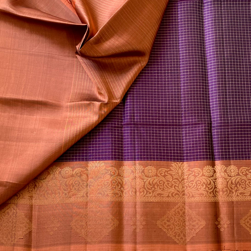 Deep Purple Silk Saree Copper Orange Zari Pallu Traditional Border