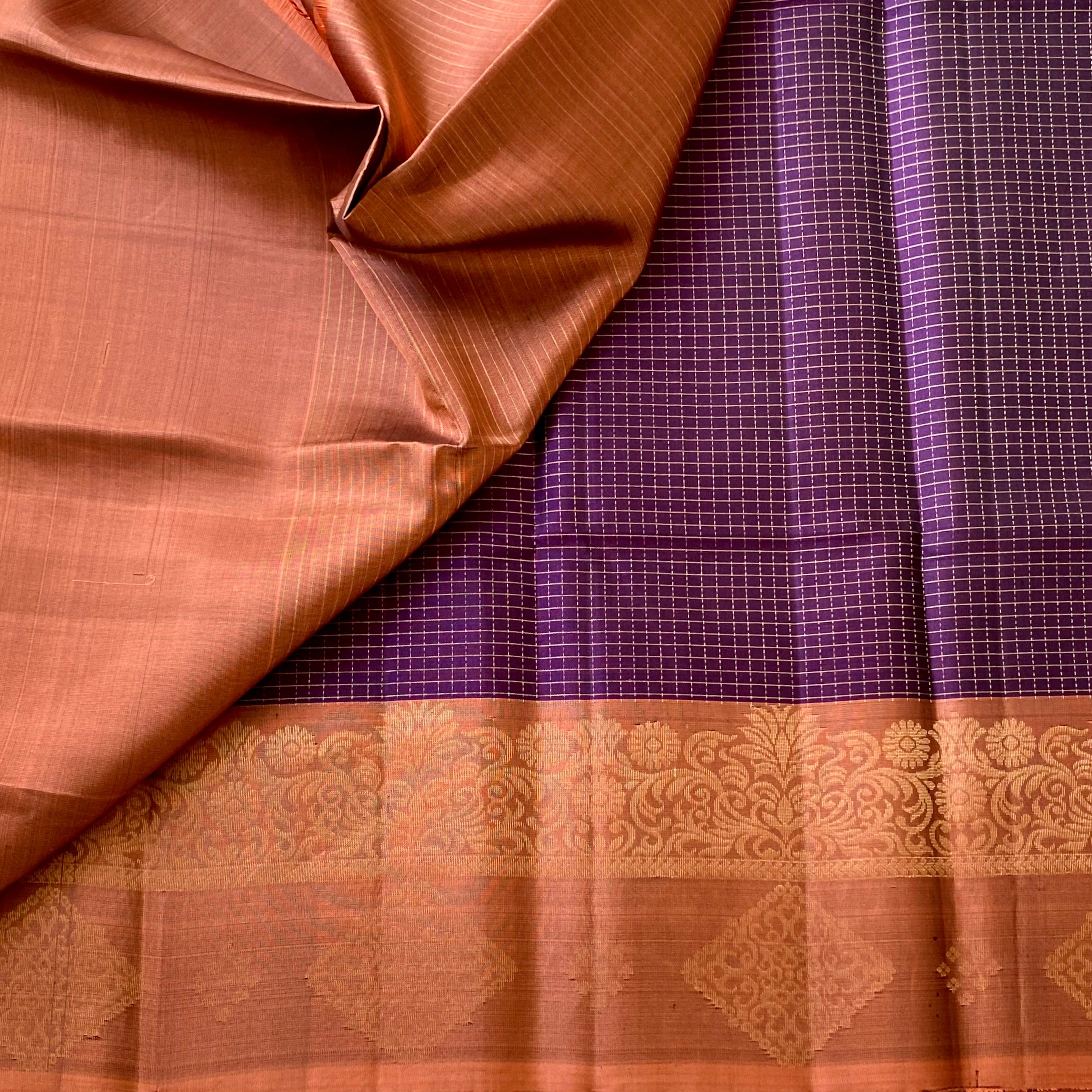 Deep Purple Silk Saree Copper Orange Zari Pallu Traditional Border