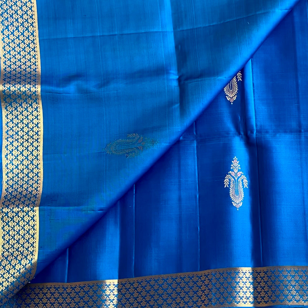Peacock Teal Blue Designer Pure Silk Saree With Antique Gold Zari