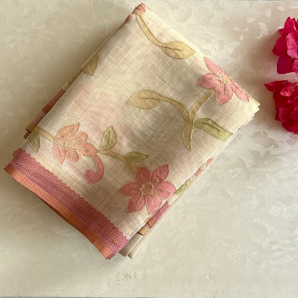Ecru Linen Saree Dusky Pink Floral Gold Zari embroidered soft linen stunner