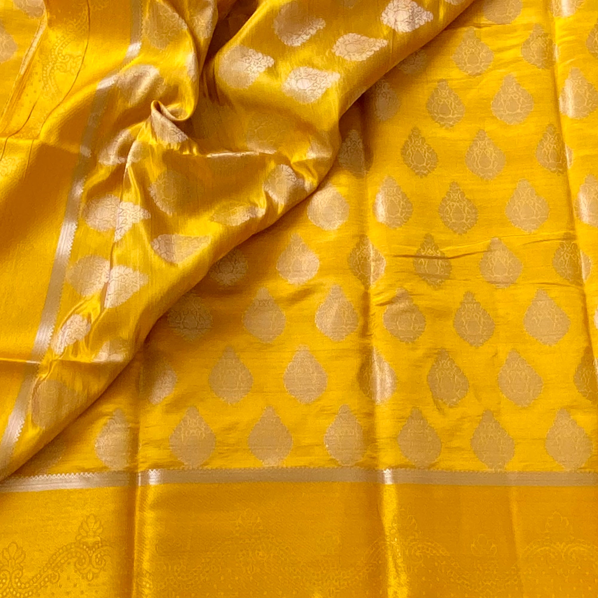 Golden mustard soft blended silk work antique silver motifs all over