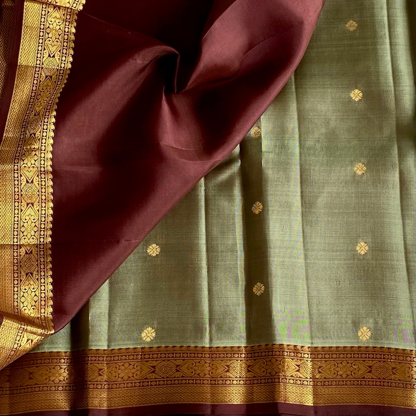 Sage Green Designer Pure Silk Saree With Deep Maroon Pallu