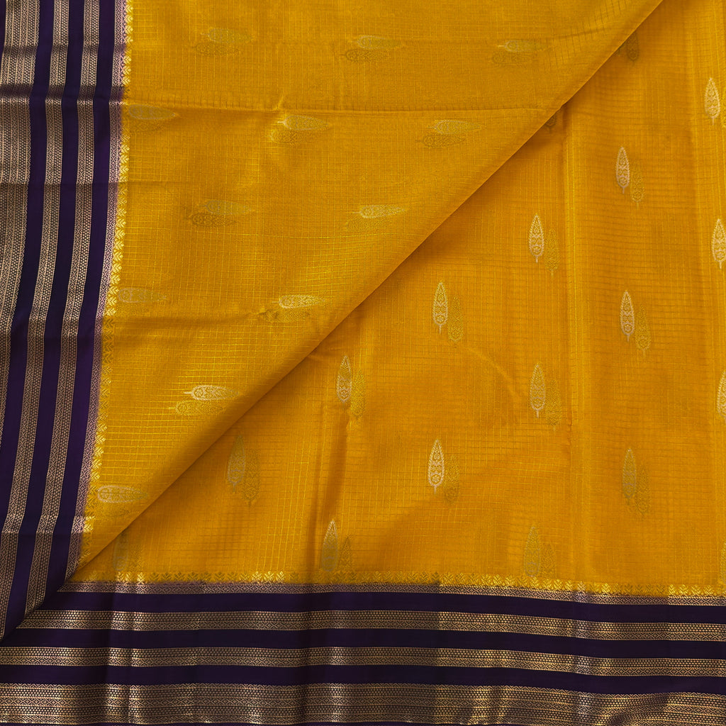 Marigold Yellow Silk Saree Royal Purple Pallu Antique Gold Zari