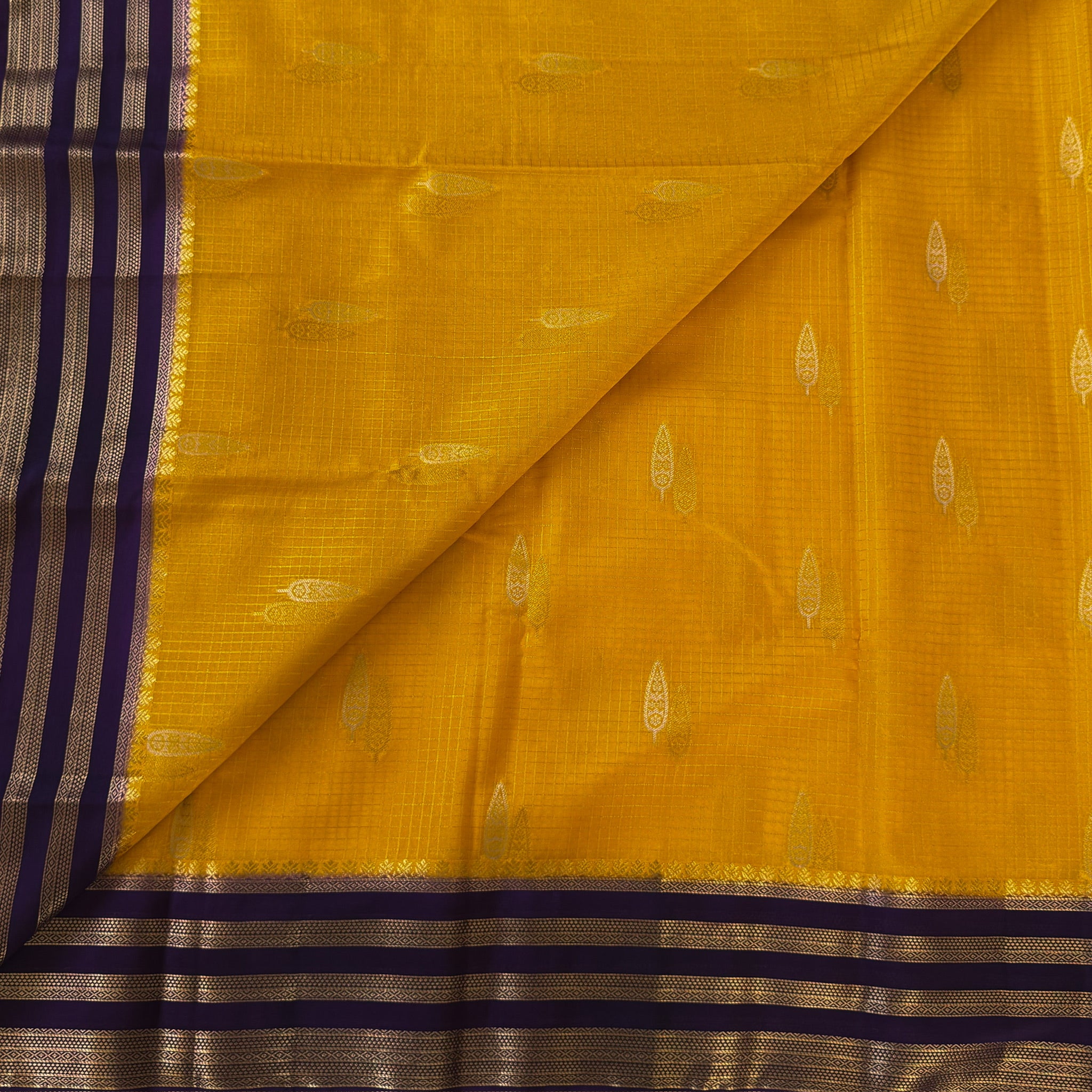 Marigold Yellow Silk Saree Royal Purple Pallu Antique Gold Zari