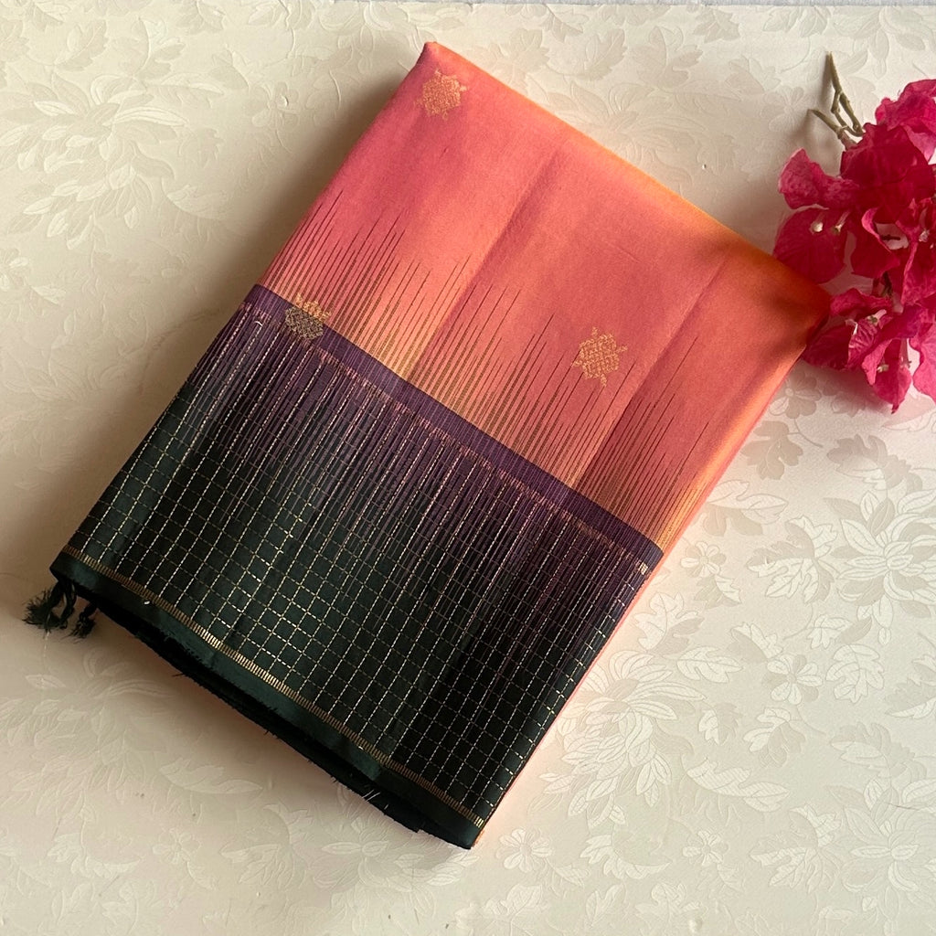 Deep Teal Traditional Silk Saree Gold Brocade Coral Pink Pallu