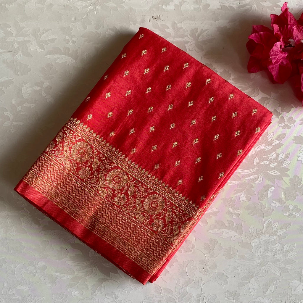 Coral Kanakambari Soft Crepe Silk Saree With Antique Gold Buti Border