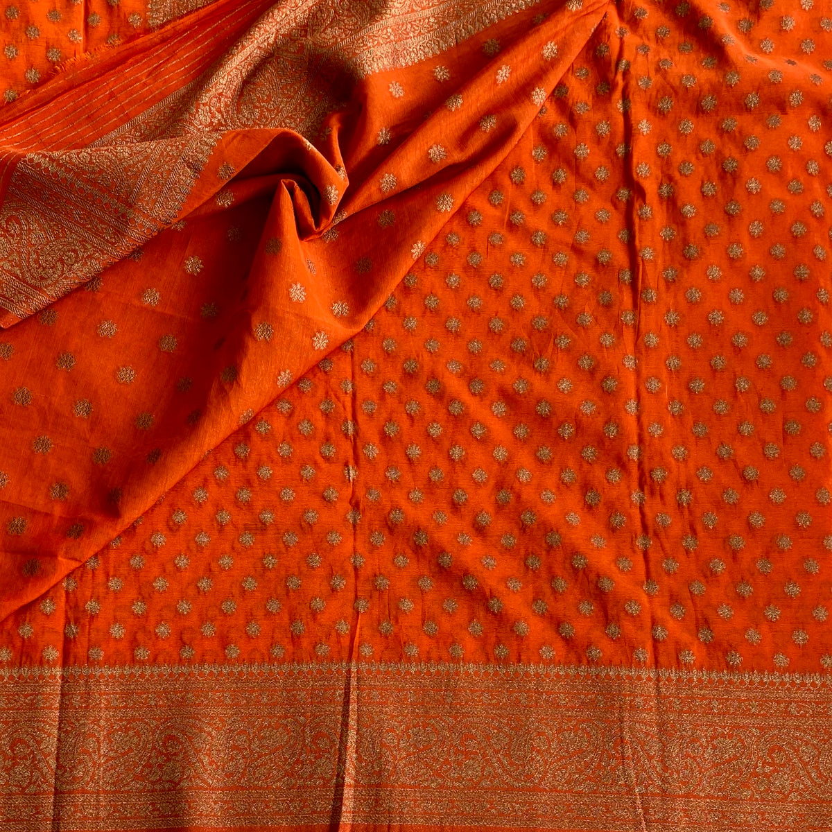 Burnt Orange Soft Tussar Silk Saree With Antique Gold Zari Pallu