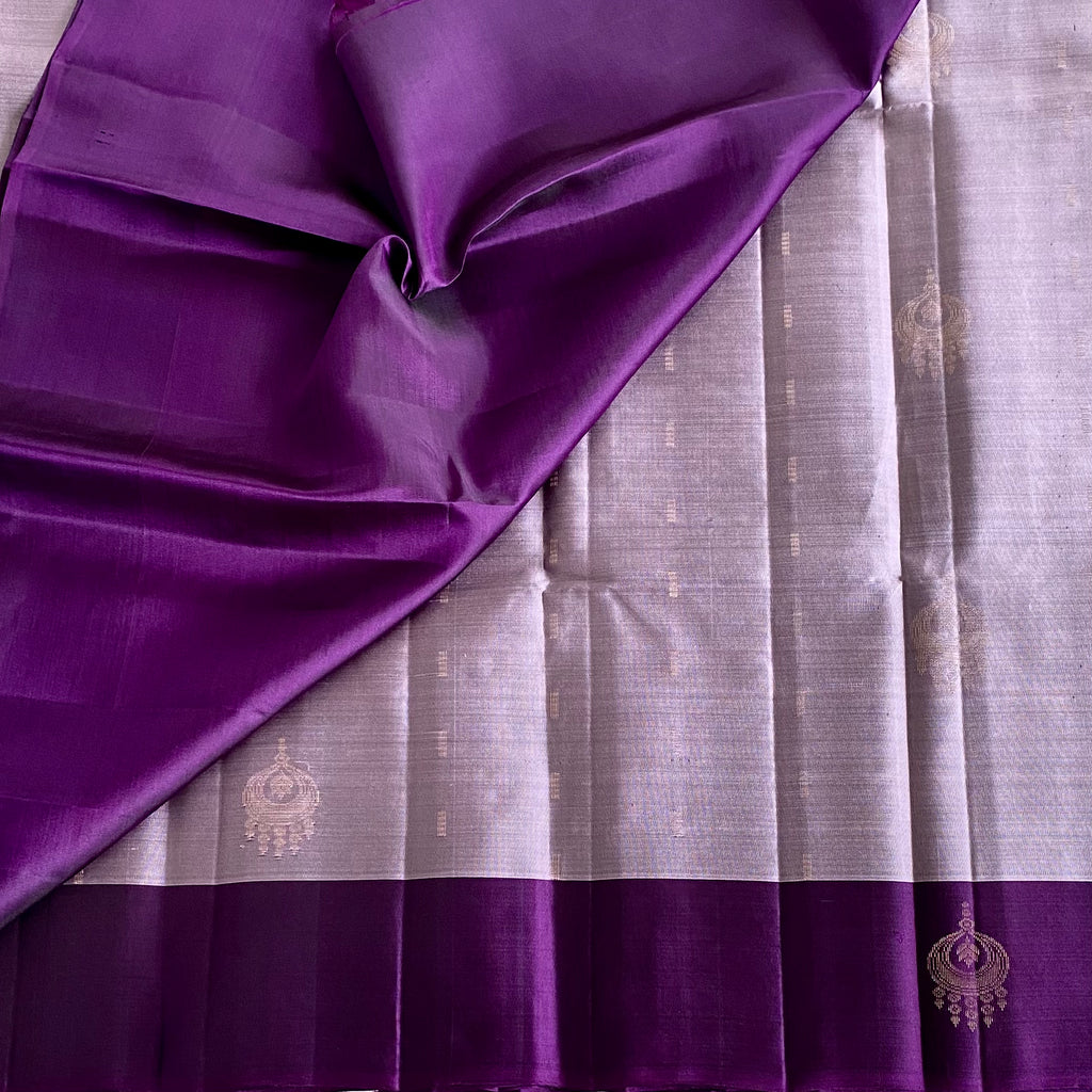 Pale Lavender Designer Pure Silk Saree With Deep Purple Pallu