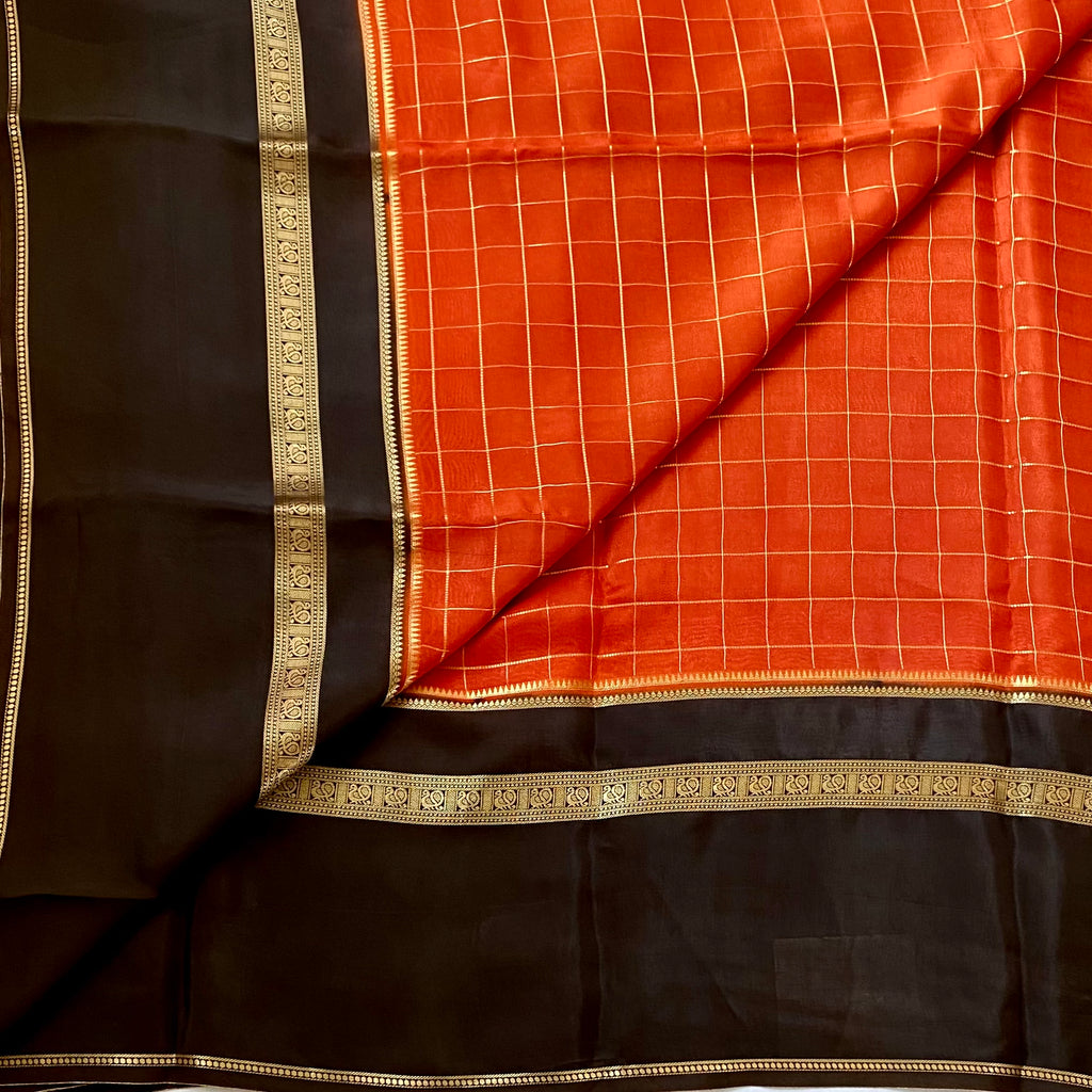 Navarasam Hot Pick - Deep Rust with coffee brown soft crepe silk with checkered weave