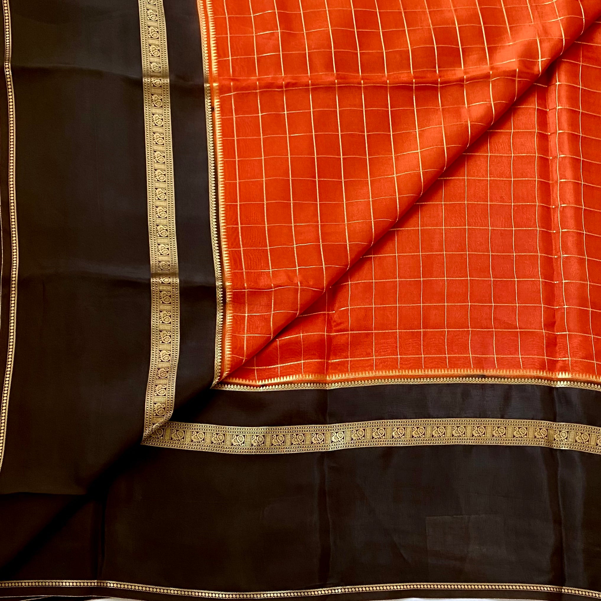 Navarasam Hot Pick - Deep Rust with coffee brown soft crepe silk with checkered weave